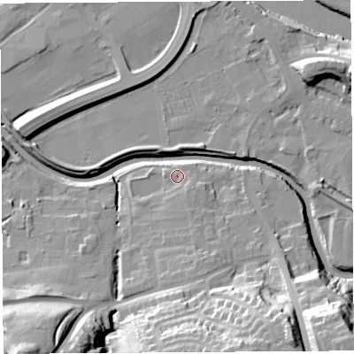 Shaded relief map of the ground around PR54JL, computed from Environment Agency LiDAR. The ground here sits at about 10 m above sea level and falls 33 m across the surrounding 800 m. Surface water reaching this point runs off ground lying to the south-east, 2.9 m higher.