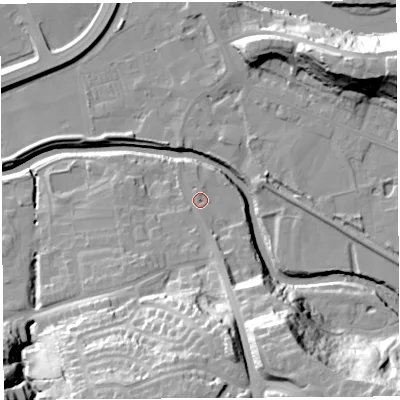 Shaded relief map of the ground around PR54JN, computed from Environment Agency LiDAR. The ground here sits at about 10 m above sea level and falls 38 m across the surrounding 800 m. Surface water reaching this point runs off ground lying to the south-south-east, 4.1 m higher.