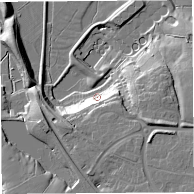 Shaded relief map of the ground around PR54LS, computed from Environment Agency LiDAR. The ground here sits at about 13 m above sea level and falls 31 m across the surrounding 800 m. Surface water reaching this point runs off ground lying to the south-south-east, 18.3 m higher.