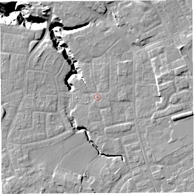Shaded relief map of the ground around PR54RE, computed from Environment Agency LiDAR. The ground here sits at about 38 m above sea level and falls 20 m across the surrounding 800 m. Surface water reaching this point runs off ground lying to the north-east, 2.0 m higher.