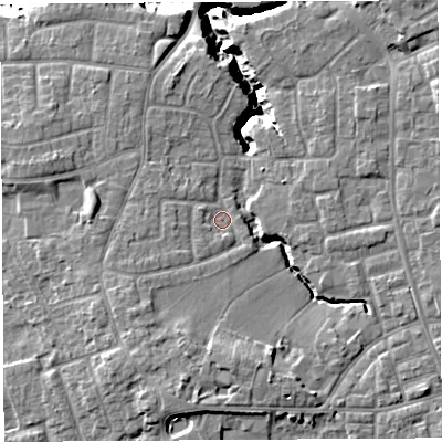 Shaded relief map of the ground around PR54RP, computed from Environment Agency LiDAR. The ground here sits at about 38 m above sea level and falls 15 m across the surrounding 800 m. Surface water reaching this point runs off ground lying to the south-west, 3.6 m higher.