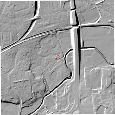 Shaded relief map of the ground around PR55BE, computed from Environment Agency LiDAR. The ground here sits at about 37 m above sea level and falls 13 m across the surrounding 800 m. Surface water reaching this point runs off ground lying to the east-north-east, 1.0 m higher.