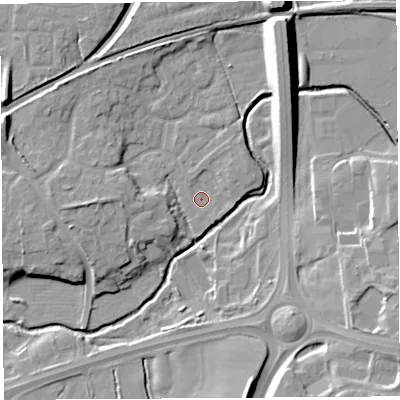 Shaded relief map of the ground around PR55BF, computed from Environment Agency LiDAR. The ground here sits at about 36 m above sea level and falls 14 m across the surrounding 800 m. Surface water reaching this point runs off ground lying to the north-east, 2.2 m higher.