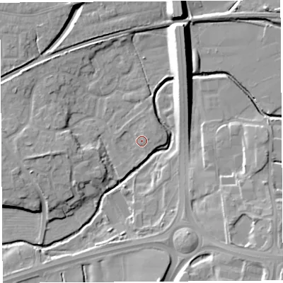 Shaded relief map of the ground around PR55BG, computed from Environment Agency LiDAR. The ground here sits at about 37 m above sea level and falls 15 m across the surrounding 800 m. Surface water reaching this point runs off ground lying to the east-north-east, 1.5 m higher.