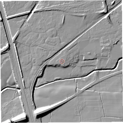 Shaded relief map of the ground around PR55LS, computed from Environment Agency LiDAR. The ground here sits at about 35 m above sea level and falls 16 m across the surrounding 800 m. Surface water reaching this point runs off ground lying to the north-north-east, 0.7 m higher.
