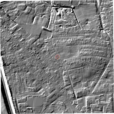 Shaded relief map of the ground around PR55TB, computed from Environment Agency LiDAR. The ground here sits at about 34 m above sea level and falls 11 m across the surrounding 800 m. Surface water reaching this point runs off ground lying to the east, 3.1 m higher.