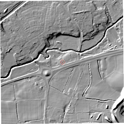 Shaded relief map of the ground around PR55XU, computed from Environment Agency LiDAR. The ground here sits at about 35 m above sea level and falls 20 m across the surrounding 800 m. Surface water reaching this point runs off ground lying to the east, 1.8 m higher.
