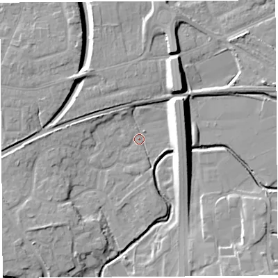 Shaded relief map of the ground around PR55XW, computed from Environment Agency LiDAR. The ground here sits at about 37 m above sea level and falls 13 m across the surrounding 800 m. Surface water reaching this point runs off ground lying to the north-east, 10.2 m higher.