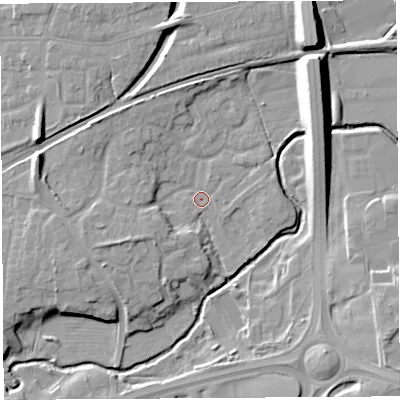 Shaded relief map of the ground around PR55YJ, computed from Environment Agency LiDAR. The ground here sits at about 36 m above sea level and falls 15 m across the surrounding 800 m. Surface water reaching this point runs off ground lying to the north-east, 10.8 m higher.