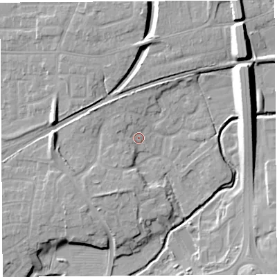 Shaded relief map of the ground around PR55YN, computed from Environment Agency LiDAR. The ground here sits at about 37 m above sea level and falls 14 m across the surrounding 800 m. Surface water reaching this point runs off ground lying to the south-south-west, 4.2 m higher.