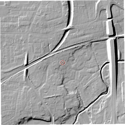 Shaded relief map of the ground around PR55YQ, computed from Environment Agency LiDAR. The ground here sits at about 37 m above sea level and falls 13 m across the surrounding 800 m. Surface water reaching this point runs off ground lying to the north-north-west, 2.4 m higher.