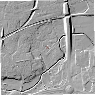 Shaded relief map of the ground around PR55YW, computed from Environment Agency LiDAR. The ground here sits at about 36 m above sea level and falls 14 m across the surrounding 800 m. Surface water reaching this point runs off ground lying to the east, 1.2 m higher.