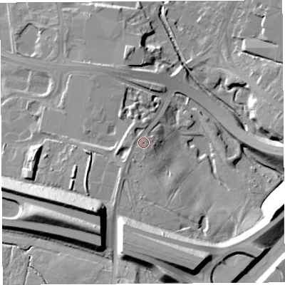 Shaded relief map of the ground around PR56AS, computed from Environment Agency LiDAR. The ground here sits at about 50 m above sea level and falls 25 m across the surrounding 800 m. Surface water reaching this point runs off ground lying to the south, 4.6 m higher.