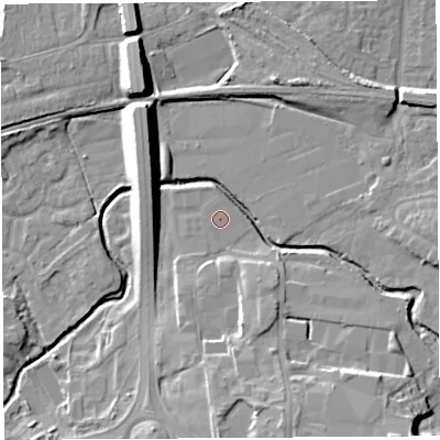 Shaded relief map of the ground around PR56BP, computed from Environment Agency LiDAR. The ground here sits at about 38 m above sea level and falls 15 m across the surrounding 800 m. The ground contributing surface water to this point lies to the south.