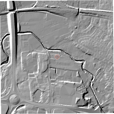 Shaded relief map of the ground around PR56BQ, computed from Environment Agency LiDAR. The ground here sits at about 41 m above sea level and falls 14 m across the surrounding 800 m. Surface water reaching this point runs off ground lying to the south-south-east, 8.6 m higher.