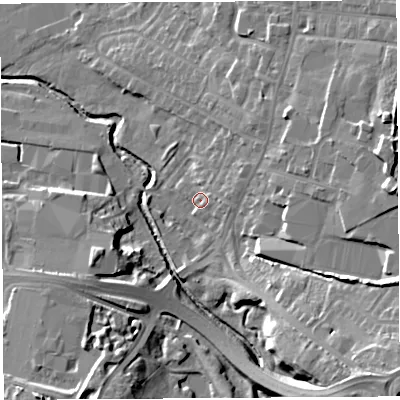 Shaded relief map of the ground around PR56DD, computed from Environment Agency LiDAR. The ground here sits at about 42 m above sea level and falls 19 m across the surrounding 800 m. Surface water reaching this point runs off ground lying to the east-north-east, 2.9 m higher.