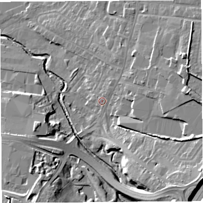 Shaded relief map of the ground around PR56EL, computed from Environment Agency LiDAR. The ground here sits at about 43 m above sea level and falls 20 m across the surrounding 800 m. Surface water reaching this point runs off ground lying to the east, 6.0 m higher.