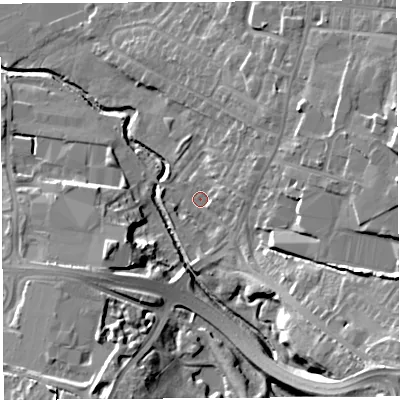 Shaded relief map of the ground around PR56ER, computed from Environment Agency LiDAR. The ground here sits at about 41 m above sea level and falls 19 m across the surrounding 800 m. Surface water reaching this point runs off ground lying to the east, 2.9 m higher.