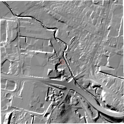 Shaded relief map of the ground around PR56ES, computed from Environment Agency LiDAR. The ground here sits at about 41 m above sea level and falls 18 m across the surrounding 800 m. Surface water reaching this point runs off ground lying to the south-east, 14.5 m higher.