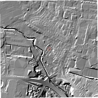 Shaded relief map of the ground around PR56FR, computed from Environment Agency LiDAR. The ground here sits at about 41 m above sea level and falls 18 m across the surrounding 800 m. Surface water reaching this point runs off ground lying to the east-north-east, 5.6 m higher.
