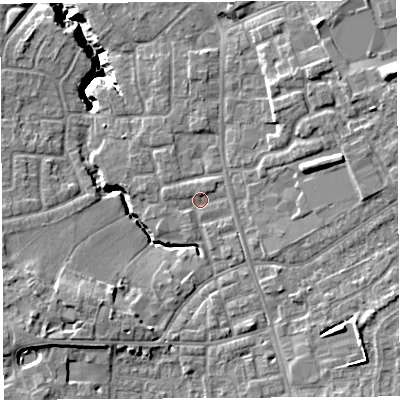Shaded relief map of the ground around PR56GP, computed from Environment Agency LiDAR. The ground here sits at about 38 m above sea level and falls 17 m across the surrounding 800 m. Surface water reaching this point runs off ground lying to the south-east, 4.6 m higher.