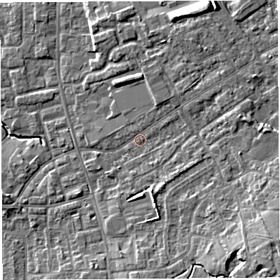 Shaded relief map of the ground around PR56GT, computed from Environment Agency LiDAR. The ground here sits at about 40 m above sea level and falls 13 m across the surrounding 800 m. Surface water reaching this point runs off ground lying to the north-north-east, 3.9 m higher.