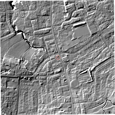 Shaded relief map of the ground around PR56HS, computed from Environment Agency LiDAR. The ground here sits at about 39 m above sea level and falls 14 m across the surrounding 800 m. Surface water reaching this point runs off ground lying to the south-east, 6.0 m higher.