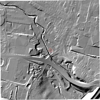 Shaded relief map of the ground around PR56JN, computed from Environment Agency LiDAR. The ground here sits at about 42 m above sea level and falls 23 m across the surrounding 800 m. Surface water reaching this point runs off ground lying to the east-south-east, 16.6 m higher.