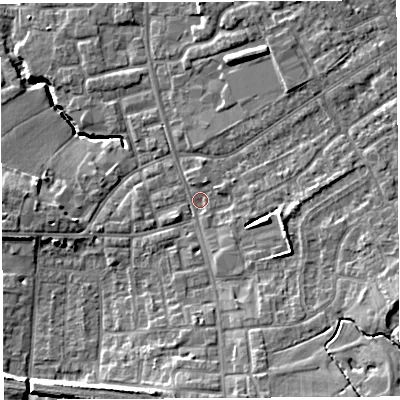 Shaded relief map of the ground around PR56LA, computed from Environment Agency LiDAR. The ground here sits at about 39 m above sea level and falls 12 m across the surrounding 800 m. Surface water reaching this point runs off ground lying to the south-east, 7.2 m higher.