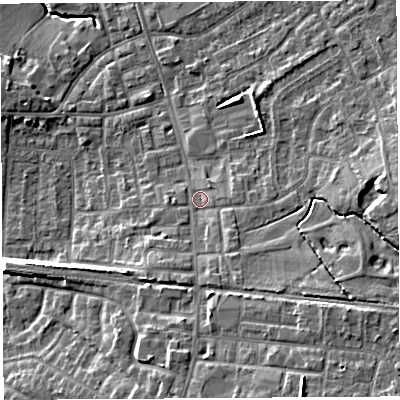 Shaded relief map of the ground around PR56LB, computed from Environment Agency LiDAR. The ground here sits at about 41 m above sea level and falls 14 m across the surrounding 800 m. Surface water reaching this point runs off ground lying to the south-south-east, 3.5 m higher.
