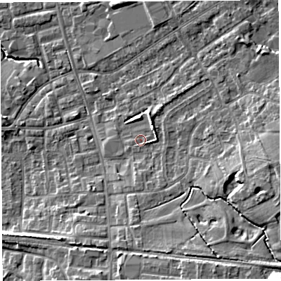 Shaded relief map of the ground around PR56LF, computed from Environment Agency LiDAR. The ground here sits at about 41 m above sea level and falls 15 m across the surrounding 800 m. Surface water reaching this point runs off ground lying to the east-north-east, 2.1 m higher.