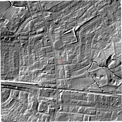 Shaded relief map of the ground around PR56LH, computed from Environment Agency LiDAR. The ground here sits at about 41 m above sea level and falls 14 m across the surrounding 800 m. Surface water reaching this point runs off ground lying to the south-south-east, 2.3 m higher.