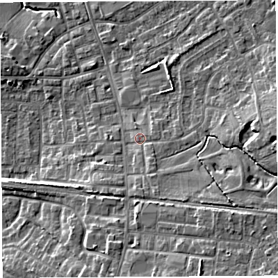 Shaded relief map of the ground around PR56LJ, computed from Environment Agency LiDAR. The ground here sits at about 41 m above sea level and falls 14 m across the surrounding 800 m. Surface water reaching this point runs off ground lying to the south-south-east, 2.6 m higher.