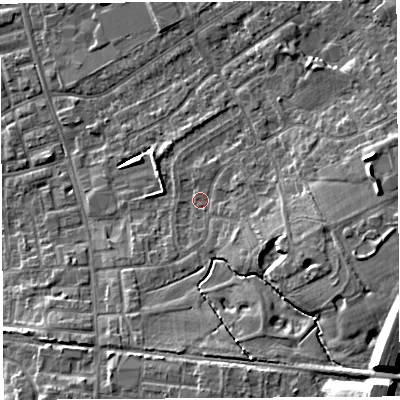 Shaded relief map of the ground around PR56NR, computed from Environment Agency LiDAR. The ground here sits at about 41 m above sea level and falls 17 m across the surrounding 800 m. Surface water reaching this point runs off ground lying to the south-east, 13.8 m higher.