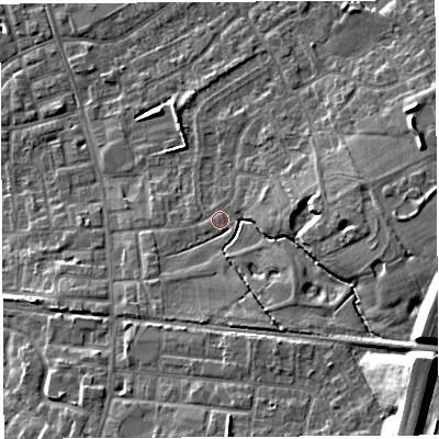Shaded relief map of the ground around PR56NS, computed from Environment Agency LiDAR. The ground here sits at about 42 m above sea level and falls 19 m across the surrounding 800 m. Surface water reaching this point runs off ground lying to the east-south-east, 13.8 m higher.