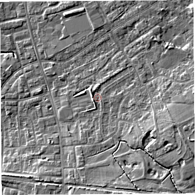 Shaded relief map of the ground around PR56NX, computed from Environment Agency LiDAR. The ground here sits at about 41 m above sea level and falls 12 m across the surrounding 800 m. Surface water reaching this point runs off ground lying to the east-south-east, 6.7 m higher.