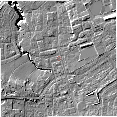 Shaded relief map of the ground around PR56QP, computed from Environment Agency LiDAR. The ground here sits at about 39 m above sea level and falls 17 m across the surrounding 800 m. Surface water reaching this point runs off ground lying to the east-north-east, 4.2 m higher.