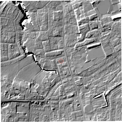 Shaded relief map of the ground around PR56QQ, computed from Environment Agency LiDAR. The ground here sits at about 38 m above sea level and falls 17 m across the surrounding 800 m. Surface water reaching this point runs off ground lying to the south-south-east, 1.1 m higher.