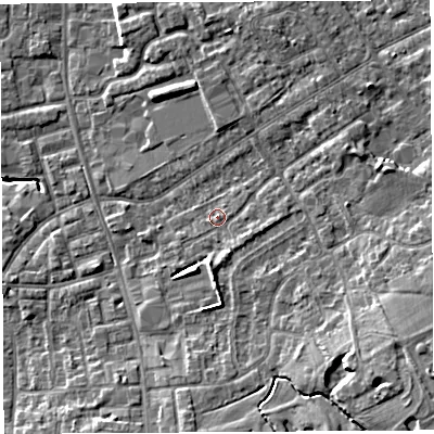 Shaded relief map of the ground around PR56RA, computed from Environment Agency LiDAR. The ground here sits at about 41 m above sea level and falls 12 m across the surrounding 800 m. Surface water reaching this point runs off ground lying to the east, 4.7 m higher.