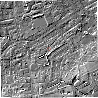 Shaded relief map of the ground around PR56RB, computed from Environment Agency LiDAR. The ground here sits at about 40 m above sea level and falls 12 m across the surrounding 800 m. Surface water reaching this point runs off ground lying to the east, 5.0 m higher.