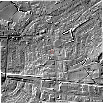 Shaded relief map of the ground around PR56SE, computed from Environment Agency LiDAR. The ground here sits at about 40 m above sea level and falls 12 m across the surrounding 800 m. Surface water reaching this point runs off ground lying to the south-south-east, 4.4 m higher.