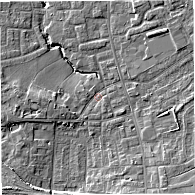 Shaded relief map of the ground around PR56TA, computed from Environment Agency LiDAR. The ground here sits at about 38 m above sea level and falls 13 m across the surrounding 800 m. Surface water reaching this point runs off ground lying to the south-east, 5.5 m higher.