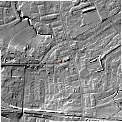 Shaded relief map of the ground around PR56TD, computed from Environment Agency LiDAR. The ground here sits at about 40 m above sea level and falls 12 m across the surrounding 800 m. Surface water reaching this point runs off ground lying to the south-east, 7.4 m higher.