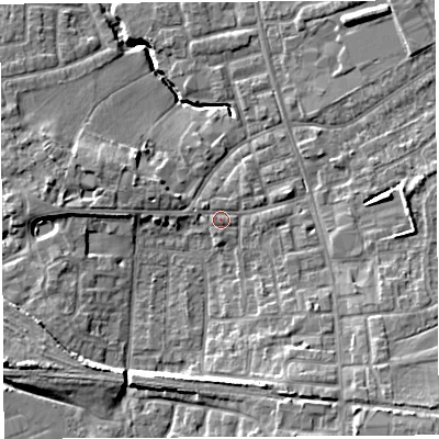 Shaded relief map of the ground around PR56TE, computed from Environment Agency LiDAR. The ground here sits at about 39 m above sea level and falls 12 m across the surrounding 800 m. Surface water reaching this point runs off ground lying to the south-east, 0.5 m higher.