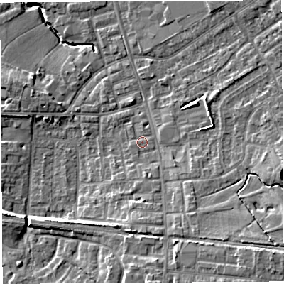 Shaded relief map of the ground around PR56TG, computed from Environment Agency LiDAR. The ground here sits at about 40 m above sea level and falls 13 m across the surrounding 800 m. Surface water reaching this point runs off ground lying to the south-south-east, 4.6 m higher.