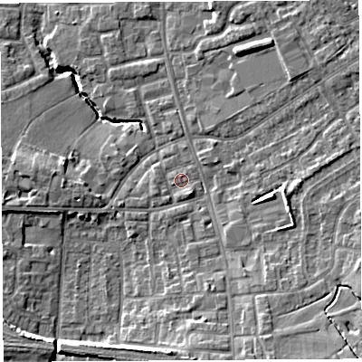 Shaded relief map of the ground around PR56TH, computed from Environment Agency LiDAR. The ground here sits at about 39 m above sea level and falls 12 m across the surrounding 800 m. Surface water reaching this point runs off ground lying to the south-east, 6.8 m higher.