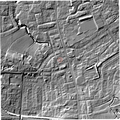 Shaded relief map of the ground around PR56TJ, computed from Environment Agency LiDAR. The ground here sits at about 39 m above sea level and falls 13 m across the surrounding 800 m. Surface water reaching this point runs off ground lying to the south-east, 6.2 m higher.