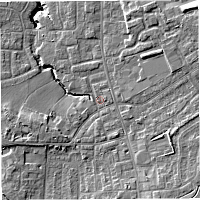 Shaded relief map of the ground around PR56TL, computed from Environment Agency LiDAR. The ground here sits at about 38 m above sea level and falls 16 m across the surrounding 800 m. Surface water reaching this point runs off ground lying to the south-east, 4.7 m higher.