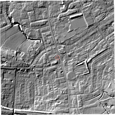Shaded relief map of the ground around PR56TN, computed from Environment Agency LiDAR. The ground here sits at about 39 m above sea level and falls 12 m across the surrounding 800 m. Surface water reaching this point runs off ground lying to the south-east, 7.1 m higher.