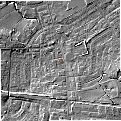 Shaded relief map of the ground around PR56TP, computed from Environment Agency LiDAR. The ground here sits at about 40 m above sea level and falls 13 m across the surrounding 800 m. Surface water reaching this point runs off ground lying to the south-east, 6.2 m higher.